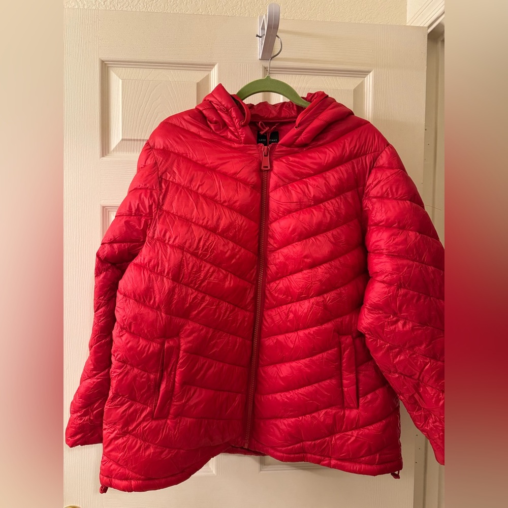 Lane Bryant Cherry Red Packable puffer Jacket w/ Hood size 14/16